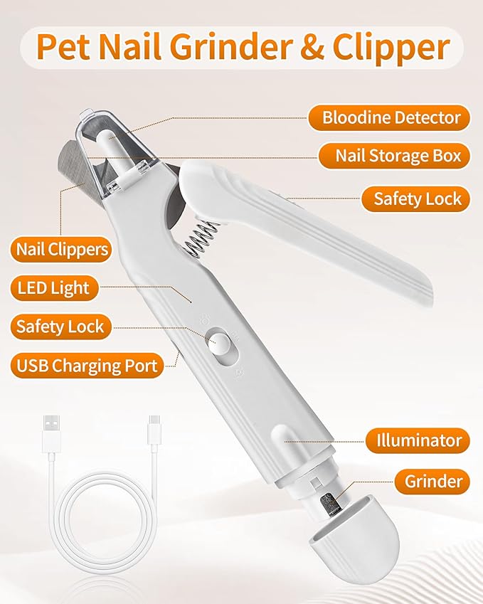 2-in-1 Cat Nail Clippers & Grinder with Light, Quiet Electric Dog Claw Care Trimmer with Safety Guard & Quick Sensor Prevent Overcutting, USB Rechargeable for Small Medium Large Pets