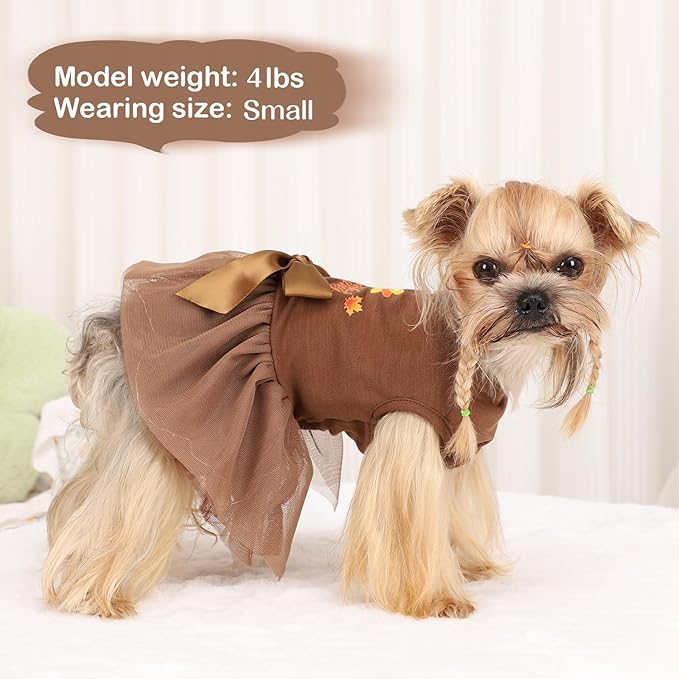 Dog Thanksgiving Outfit for Small Dogs Girl, Puppy Turkey Tulle Dress, LED Light Dog Clothes, Happy Holiday Lightweight Puppy Tutu Dress, Pet Costume Appeal, Brown, L