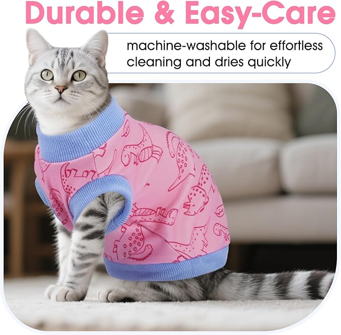 DENTRUN Sleeveless Cat Vest with Dinosaur Print, Breathable Ultra-Soft Dralon Fleece Cat Sweater, All-Season Pet Costume Apparel for Cats, Kitten Clothing for Indoor/Outdoor, Pink, L