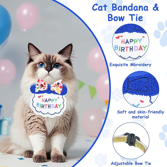 5Pcs Cat Birthday Decorations, Adjustable Cat Birthday Hat Bandana Tutu Skirt Collar Bow & 9 Number Stickers 0-8, Kitten Costume Outfit Decorations for Anniversary of Birth, Small Dog Friendly (Blue)