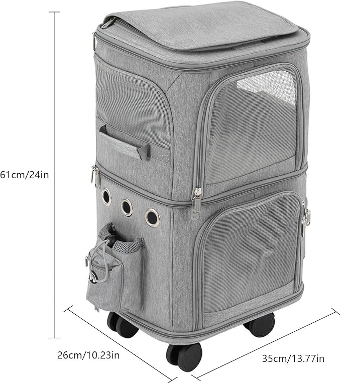 Double-Compartment Pet Carrier Backpack with Wheels for Small Cats and Dogs, Cat Rolling Carrier for 2 Cats, Perfect for Traveling/Taking a Walk/Trips to The Vet,for Up to 22 LBS (Grey)