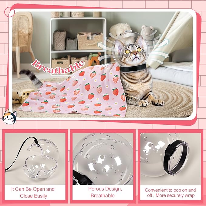 Chunful Cat Muzzle for Grooming, Cat Helmet and Wrap for Cutting Nails, M Size Adjustable Mask, 27.6" Anti-Escape Calming Swaddle Cloth, Bathing Shaving Anti-Scratch Pet Tools(Strawberry)