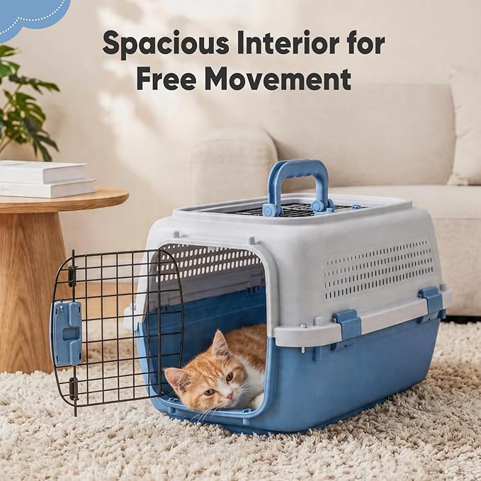 DUMOS 23" Hard-Sided Pet Carrier for Small Dogs & Cats, Airline Approved Travel Crate with Enhanced Security Latches, Front & Top Load Wire Door, Food Bowl for Traveling, Hiking, Camping, Grey&Blue