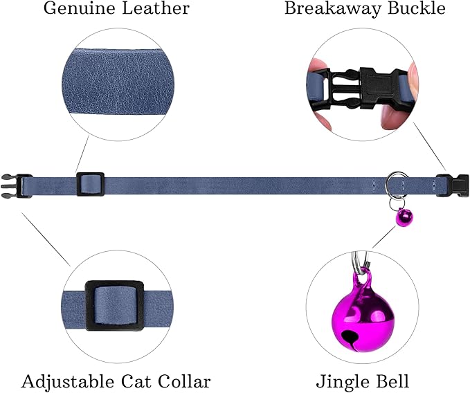 Muromto Breakaway Cat Collar Leather Soft Adjustable Pet Kitten Collars with Bell Pink Brown Blue Green Red (Blue)