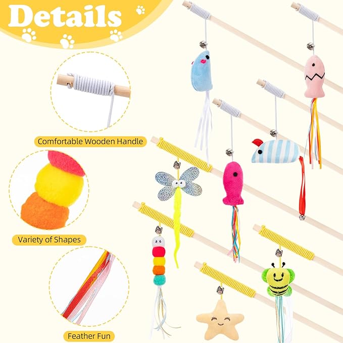 Leitee 16 Pcs Cat Interactive Toys Set Wooden Cats Teaser Wand Toy with Feather Handle Chew Rope Mouse Sisal Balls with Bells for Indoor Kitten Play Chase Exercise (Mice Toy)