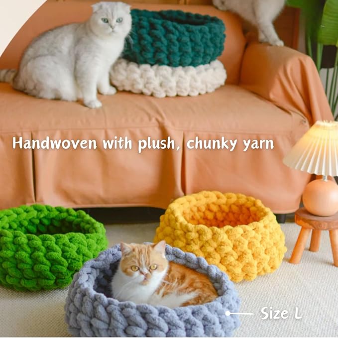 Cat Nest Bed - Premium Self Warming Handwoven Washable Extra Soft Round Cave House for Indoor Kitten & Kitty, Small & Large (Persimmon Yellow,Medium)