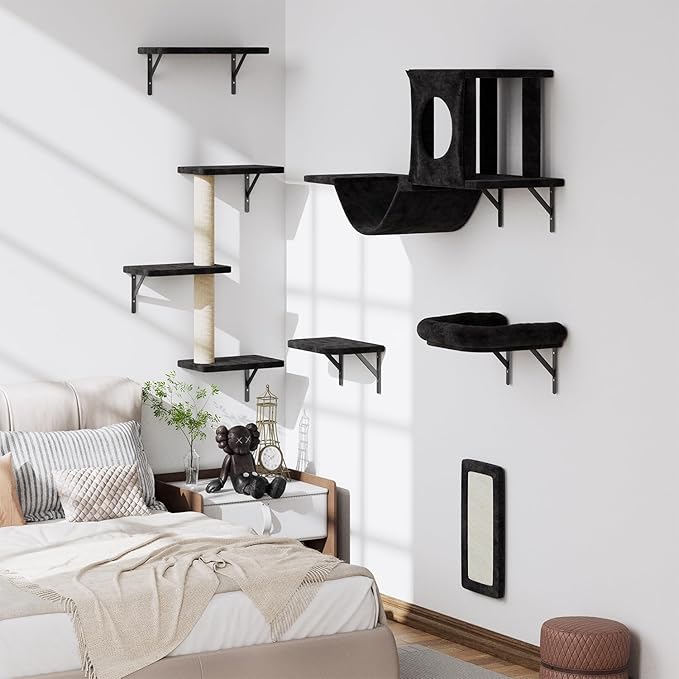 NUNU LAB Wall Mounted Cat Climber Set, 6 Pcs Cat Furniture Set with House, Bridge, Steps, Scratcher Board and Hammock, Shelves for Indoor, Luxury Walls Furniture, Black