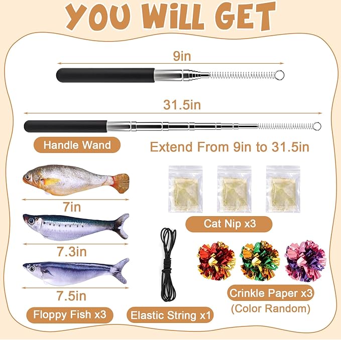 BABORUI Cat Toys Interactive, Mini Realistic Electric Floppy Fish Cat Toy, Cats Fishing Pole Toy with Elastic String for Bored Indoor Adult Cats