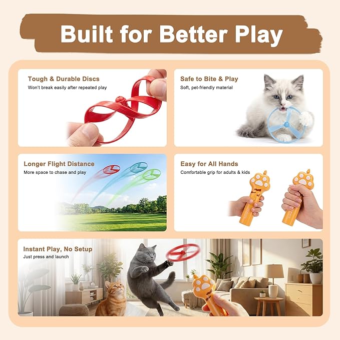 Cat Fetch Toy Launcher, Interactive Cat Toy for Indoor Cats, Flying Disc Cat Toy with 6 Discs, Cat Toys for Bored Indoor Cats, Cat Chase & Exercise Toy