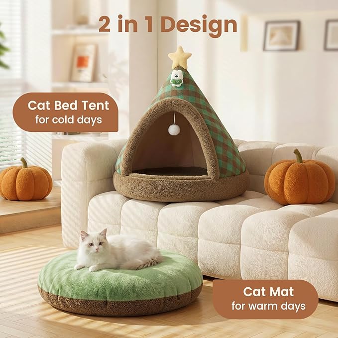 Jiupety Cat Beds for Indoor Cats,Cat House with Removable Washable Cushioned,2-in-1 Cat Bed Cave with Anti-Slip Bottom Ultra-Soft Cat Tent for Kittens and Small Pets,Green 18.9In