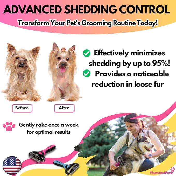 ClawsandPaws Professional Pet Grooming Brush, Shedding & Dematting Brush for Short/Medium/Long Haired Cats/Dogs, Undercoat Rake, Deshedding Tool, Dog Brush, Dematting Comb, Pink