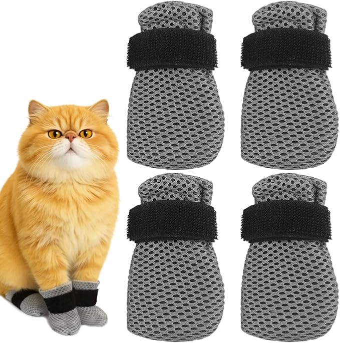 4pcs Cat Booties Adjustable Cat Claw Protectors Covers Cat Mittens to Prevent Scratching Mesh Breathable Cats Shoes for Bathing, Nail Trimming (Gray Size XL)