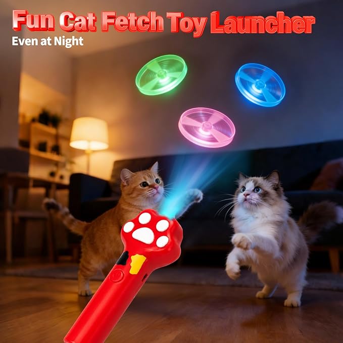 BABORUI Cat Toy Disc Launcher, Rechargeable Interactive Cat Fetch Toy Launcher with 8 Flying Discs, Flying Enrichment Toys for Indoor Bored Kittens & Adult Cats (Red)