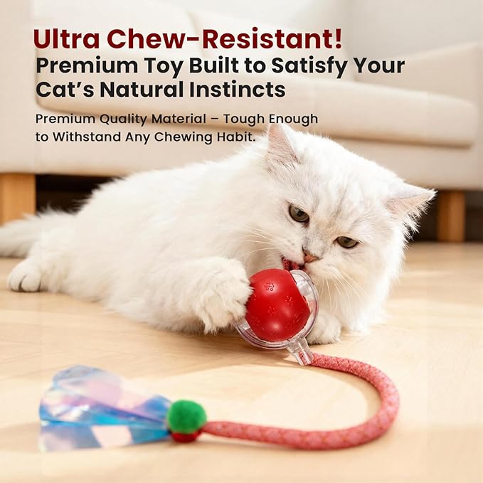 Rocfish Cat Toys, Cat Toys for Indoor Cats, Cat Toys Interactive, 360° Rotating Automatic Interactive Cat Ball, Smart Activation, LED Light, Type-C Rechargeable, 3 Replaceable Dragonfly Tails (Red-N)