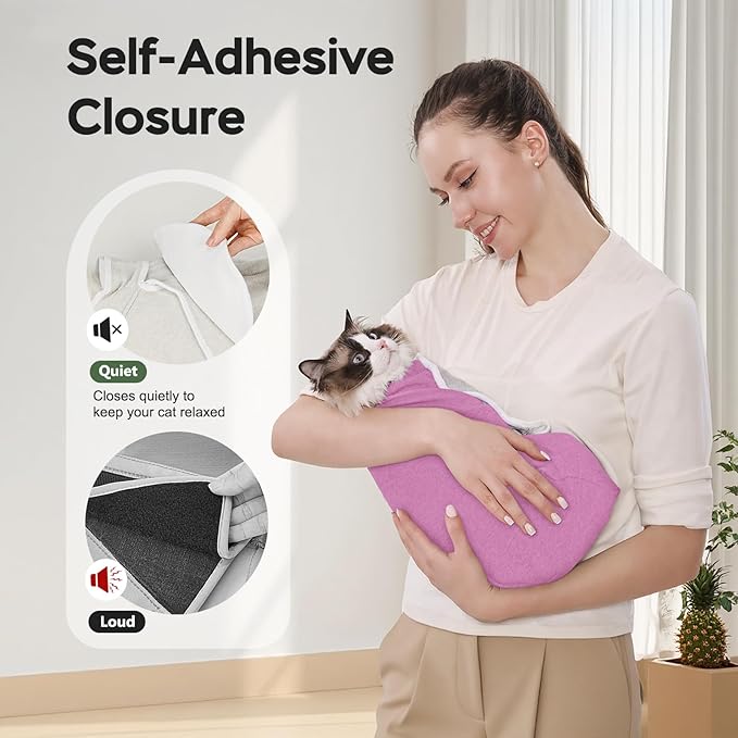 Cat Wrap for Cutting Nails, Self-Adhesive Cat Nail Clipping Restraint Bag, Anti-Scratch Cat Grooming Swaddle for Meds, SubQ Fluids, Ear Cleaning, Teeth Brushing & Vet Visits,Pinkish Purple,S