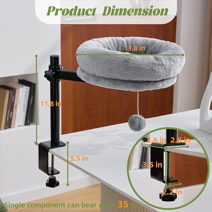 BYBYME Cat Desk Bed for Indoor Cats, Kitty Bed for Worktable Supports 44 lbs, 360° Rotation & Adjustable, Soft Cat Nest Desktop with Hanging Ball for Office Desks Home Tables, 12" in Diameter（Gray）
