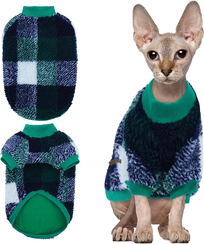Sphynx Cat Sweater, Soft Fleece Pullover with Sleeves, Warm & Elastic Pet Clothes for Hairless Cats and Small Kittens, Cozy Winter Outfit Green XXL