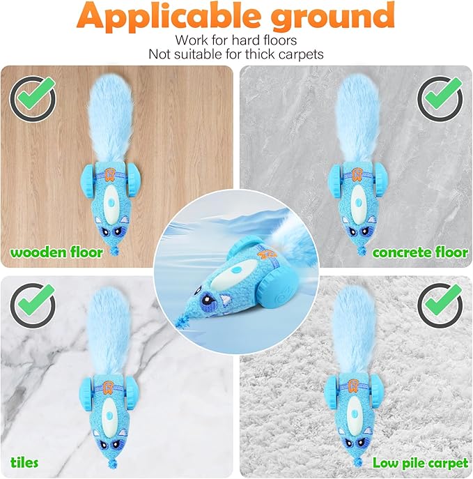 Migipaws Automatic Cat Toys for Indoor Cats, Plush Interactive Mouse Toy, Smart Moving Rechargeable Kitten Toy (Blue)
