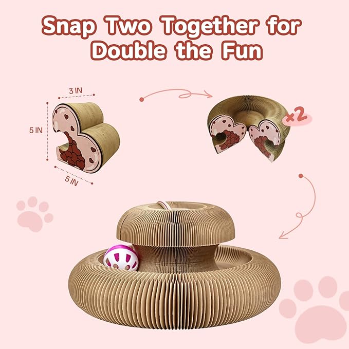 Heart Magic Organ Cat Scratcher, Foldable Accordion Heart Shaped Scratching Board with Bell Ball, Recycled Cardboard Interactive Scratch Pad for Indoor Cats & Kittens