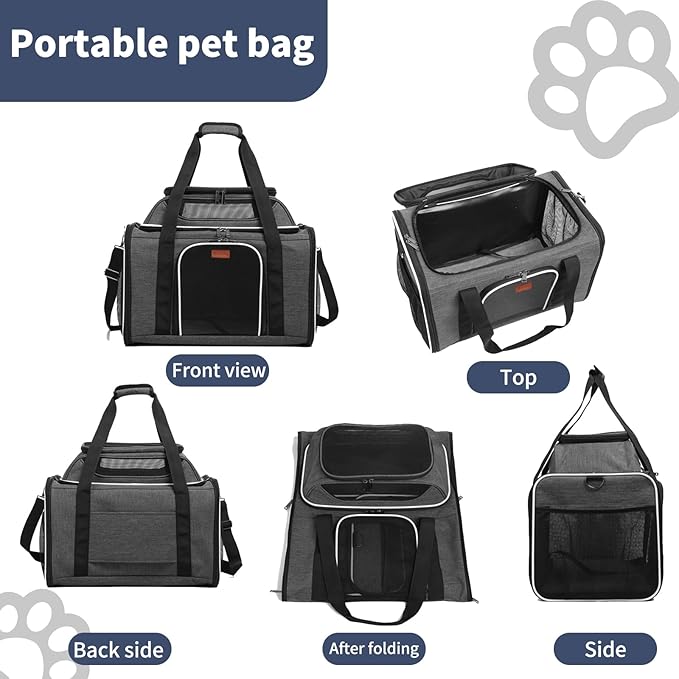 19" Large Pet Carrier for Cats & Small Dogs up to 25 lbs, Airline Approved Soft-Sided Dog Travel Bag, Top Expandable with Breathable Mesh, Washable Liner & Safety Tether. (Grey)