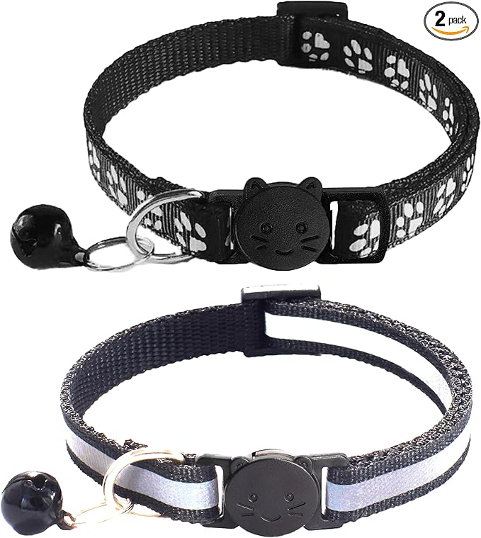 2 Pack Breakaway Cat Collars with Bells, Reflective Design and Claw Print Design, Safety Buckle Kitten Collars Adjustable from 7.5 to 12.5 Inches (Black)