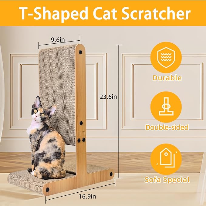 Nekosan Cat Scratcher, T-Shaped Cat Scratcher for Indoor Cats, Double-Sided Cat Furniture Protector, 23.6x16.9x9.6 inch Large, Cardboard Cat Scratcher with Ball Cat Toy