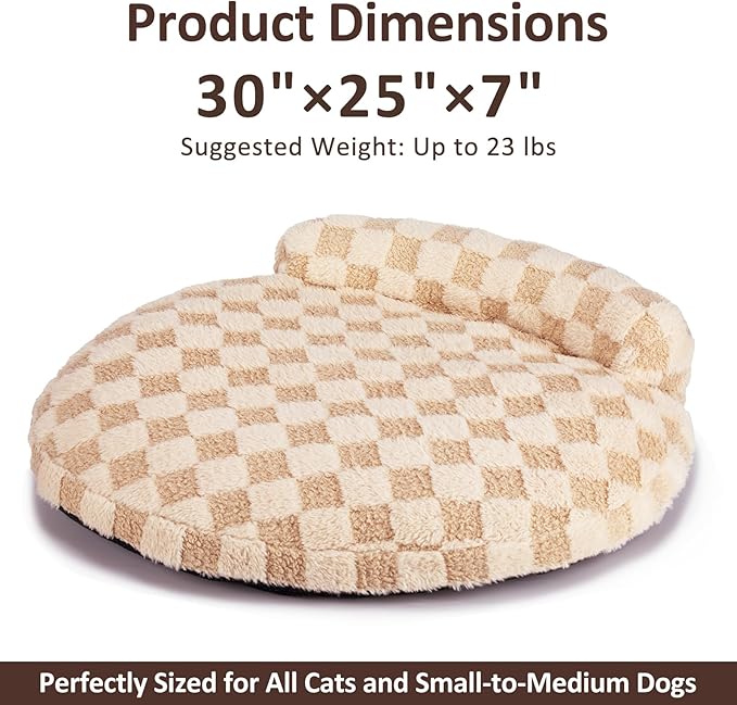 Orthopedic Dog Bed for Medium Small Dogs and Cats Calming Pillow Pet Couch Sofa Puppy Bed with Removable Washable Cover Oval 3D Checkered Plush Pet Furniture 30x25x7 Indoor Beige