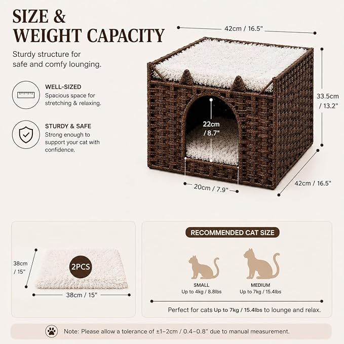 Cat Bed with Ears - Handwoven Rattan Cat Cave House for Indoor Kittens, Foldable Hideaway with 2 Removable Cushions, 16.5x16.5x13.2 Inch Natural Pet Cube for Living Room/Bedroom Brown