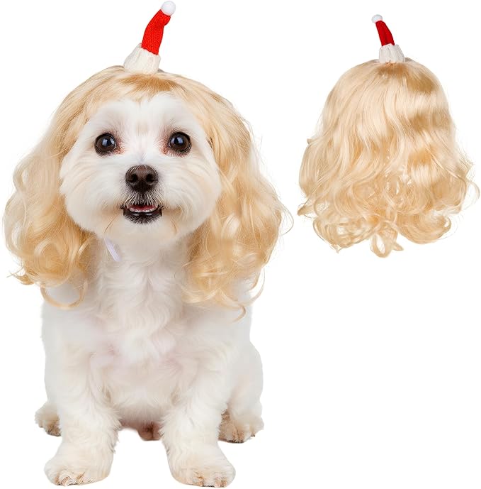 Christmas Dog Cat Pet Wig for Small Medium Large Dog Cosplay Costumes (Gold)