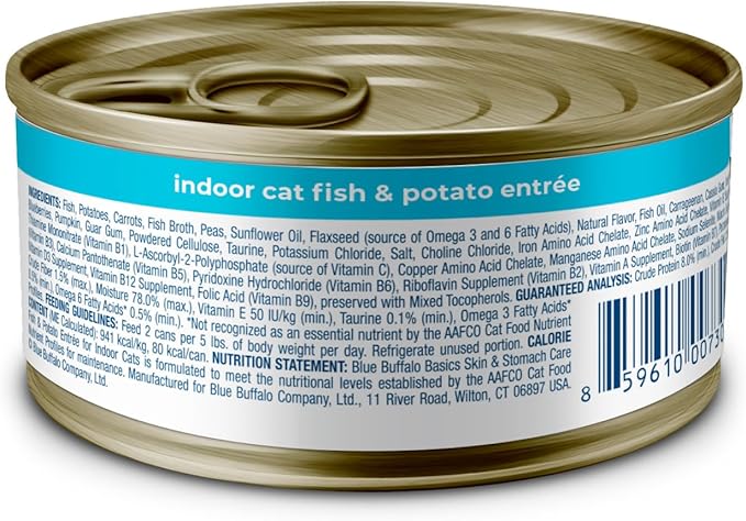 Blue Buffalo Basics Grain-Free Adult Wet Cat Food, Skin & Stomach Care, Limited Ingredient Diet, Fish Recipe, 3-oz. Can, 24 Count