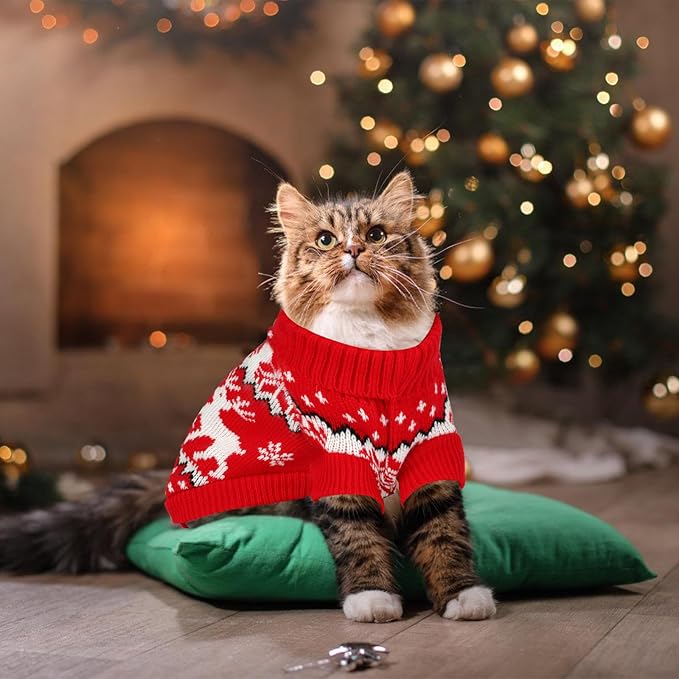 BWOGUE 2 Packs Cat Christmas Sweater, Knitwear Puppy Christmas Sweater with Reindeer Snowflake, Turtleneck Pet Kitten Sweaters for Cats Kitty Puppy Small Dogs（XL）