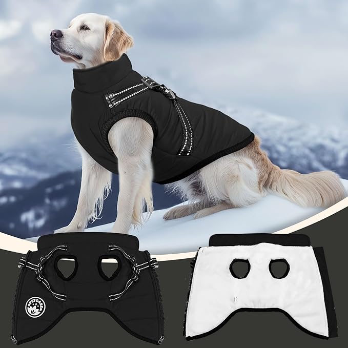 PETCARE Winter Dog Coat with Harness Built in Waterproof Dog Jackets Warm Pet Fleece Vest Windproof Snow Jacket Snowsuit Reflective Dogs Cold Weather Coats for Puppy Small Medium Large Dogs Cats