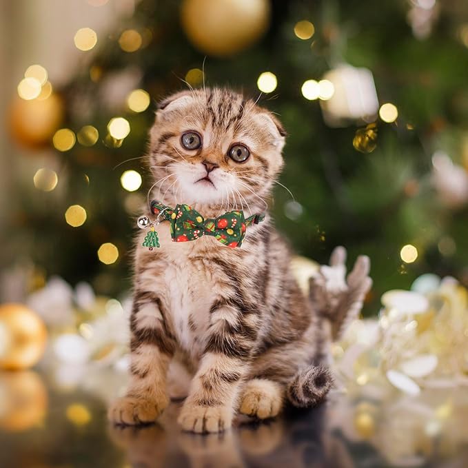 PTDECOR Christmas Cat Collars with Bow Tie Bell, 2 Pack Breakaway Kitten Collar with Removable Bowtie, Santa Box Collar for Cats Kittens