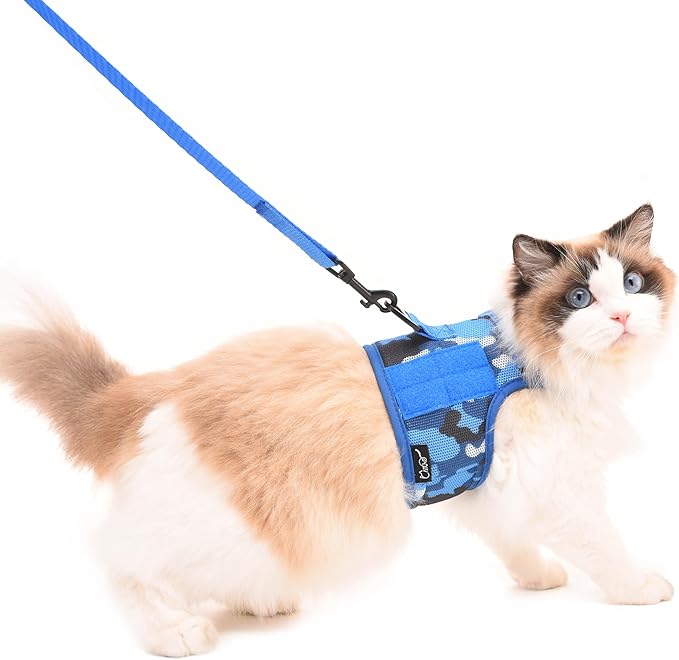 Tactical Kitty Harness and Leash for Walking Escape Proof Breathable Mesh Fabric, Ocean Camo, Small, Adjustable Cat Walking Jackets, Padded Stylish Cat Vest