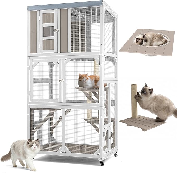 Catio Outdoor Cat Enclosure with Wheels & Weatherproof Roof, Large 63" Window Catio with 3 Platforms, Acrylic Dome, Portable Kitty House for Indoor Cats