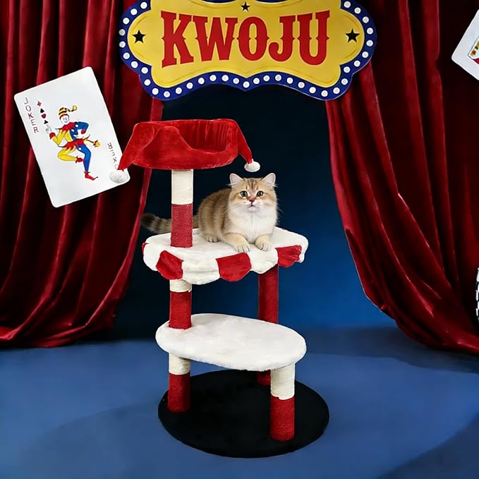 Circus Clown Cat Tree Tower, Multi-Level Cat Condo with Plush Platforms & Scratching Posts, Cute Circus Theme Cat Furniture for Indoor Cats (red)