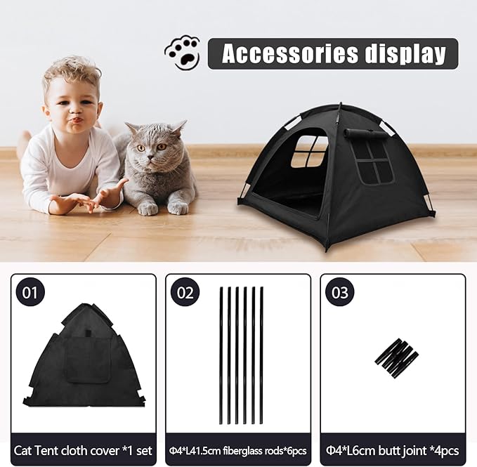 Anti-Anxiety Open Pet Tent, Calming Hideaway Monitoring Bed for Cats & Small Dogs, Breathable Mesh, Tool-Free Setup, Indoor Outdoor Travel, Black