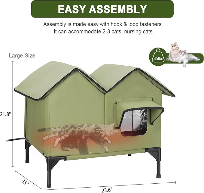 Heated Cat House for Outside Winter, Large Heated Outdoor Cat House Weatherproof, Elevated Bed, Escape Door, Insulated Outdoor Cat Shelter with Heater for Multiple Cats Feral Stray Kitty, Easy Setup
