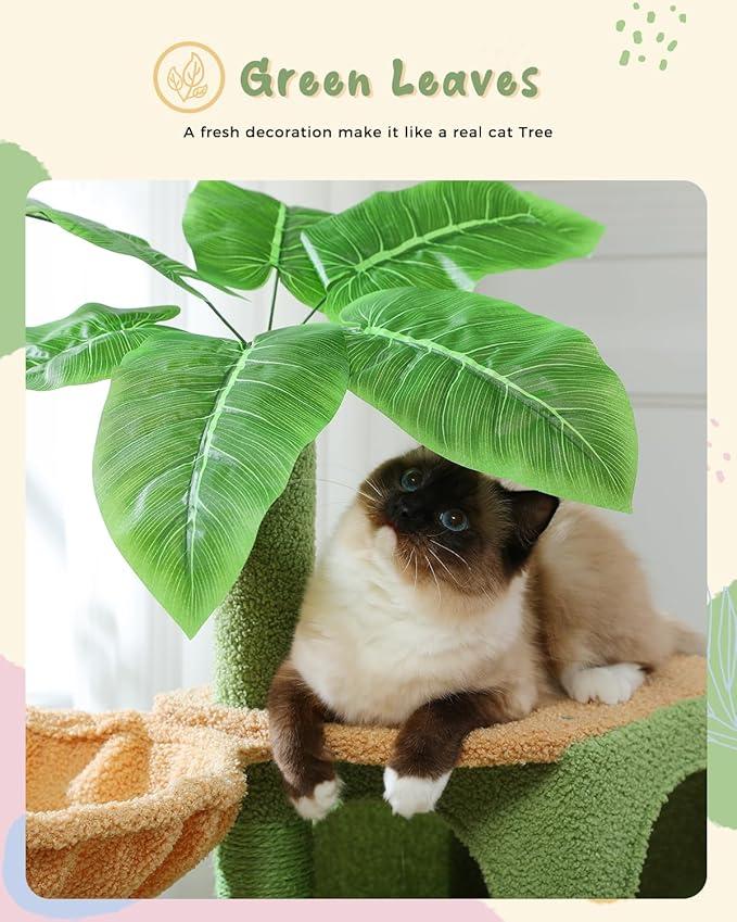 PEQULTI 43'' Cat Tree for Indoor Cats,Cat Tower Climbing Tree with Cat Scratching Posts, 2 Big Condos and Deep Hammock,Activity Tree for Kittens, Green