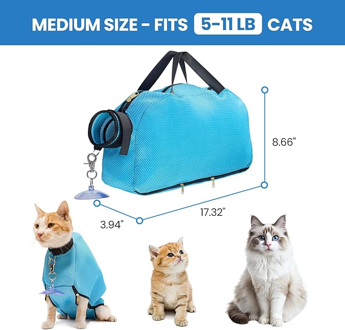 Medium 6-12 lbs Blue Cat Bathing Bag - Double Fix with Suction Cups & Adhesive Fasteners, Anti-Escape & Scratch-Resistant, Breathable & Easy to Clean, for Bathing, Nail Trimming & Travel