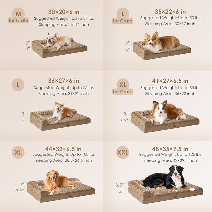 EHEYCIGA Large Dog Bed Memory Foam for Crate, Orthopedic Dog Bed Large Size Dogs with Washable Removable Cover, Waterproof Pet Sofa Couch with Nonskid Bottom, 35x22x6, Camel