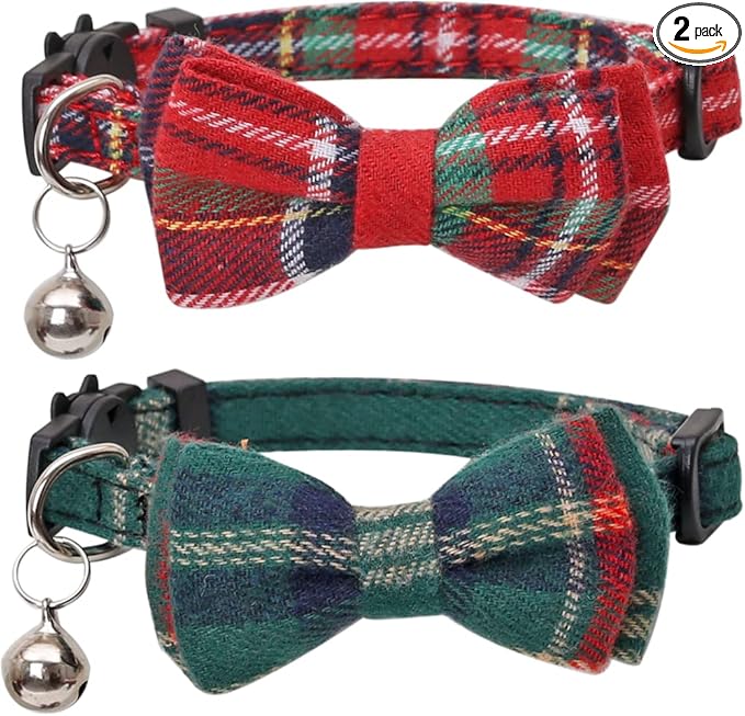 Christmas Cat Collar Breakaway with Cute Removable Bow Tie and Bell for Kitty Adjustable Safety Plaid