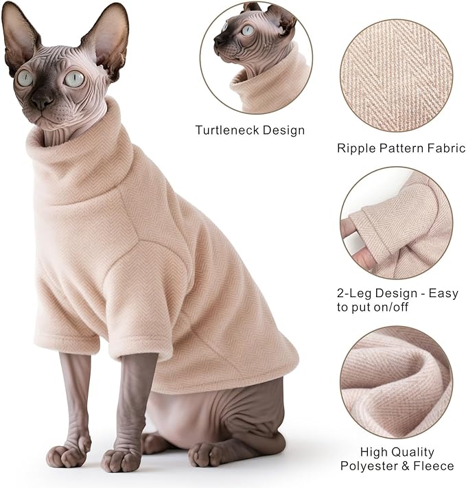 Idepet Sphynx Cat Warm Turtleneck Sweater Hairless Cats Shirt Pullover Kitten T-Shirts Thick Soft Fleece Clothes Cute Outfit Coat Pajamas for Cats and Puppy (Pink, Large)