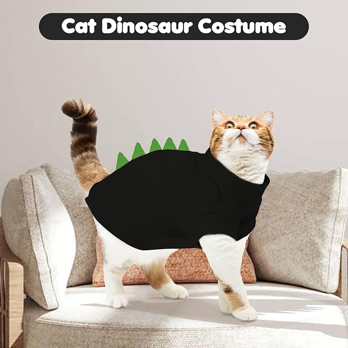 DENTRUN Sphynx Cat Clothes, Cute Dinosaur Design Hairless Cat Costume, Breathable Cotton Shirts Cat Clothes for Cats Only, Round Collar Kitten Daily T-Shirts with Sleeves, Cats Funny Cosplay Apparel