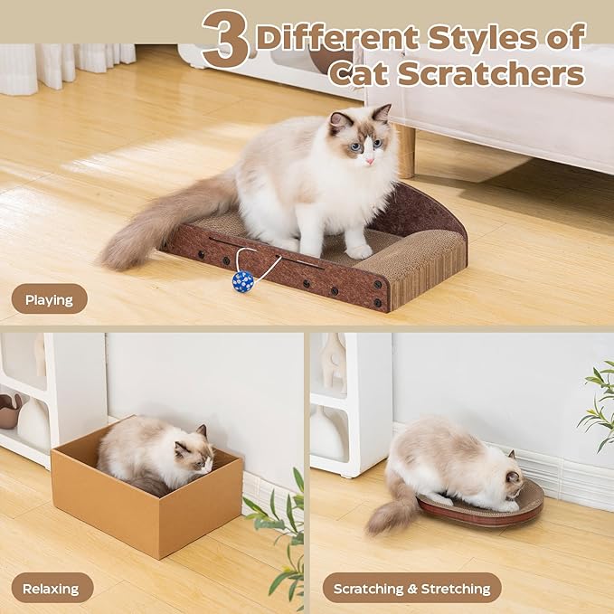 Avont 3-Piece Cardboard Cat Scratcher Set for Indoor Cats, Corrugated Cat Scratchers with Reversible Scratch Pad, Scratch Box and Lounge Bed