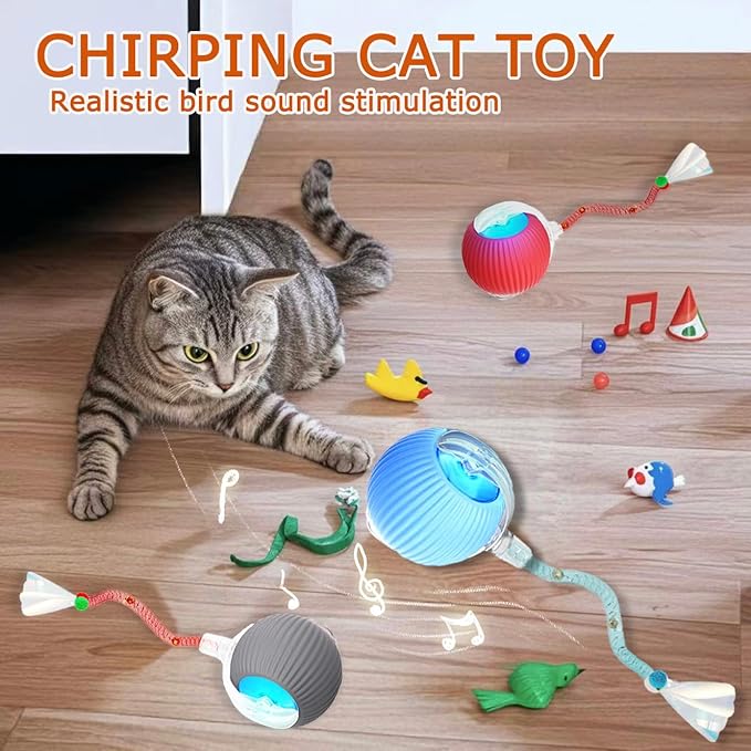 1PC Interactive Cat Toys for Indoor Cats,2025 New Generation Interactive Cat Ball Toy with Elastic Mesh Tail,Automatic Cat/Kitten Toys with Chirping & Motion Activate,Cat Toys for Bored Indoor,Blue