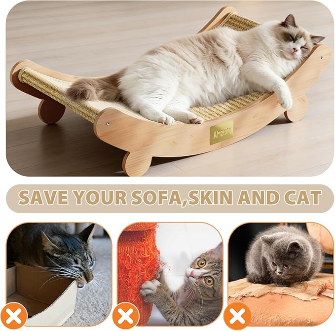 Sisal Cat Scratcher Bed for Indoor Cats,Natural Sisal Cat Scratch Pad Hammock Lounge for Large Cats,Cute Cat Chair Scratching Post for Cats Lounger&Sleep,Wooden Modern Cat Furniture