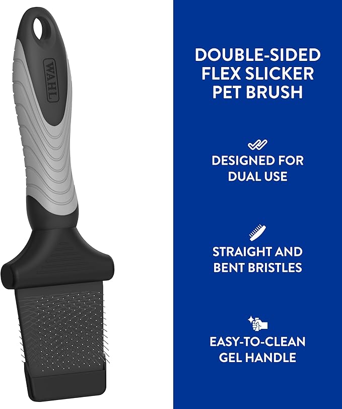 WAHL Professional Animal Double-Sided Flex Slicker Brush for Dogs & Cats (#858478) - Durable Pin Brush for Long-Haired Breeds like Bichon Frises & Collies - Ergonomic Black & Gray Grooming Tool