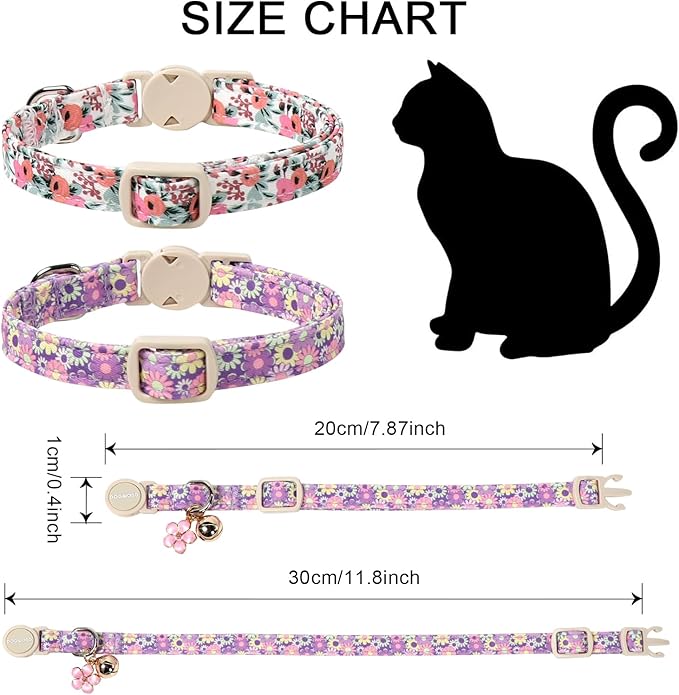 Cat Collar,2 Pack Cute Cat Collars Breakaway with Bell- Safety Buckle Flower Pink Rose Cat Collar for Girl Cats and Small Dogs，Adjustable 7-12 Inch,Pet Supplies Accessories