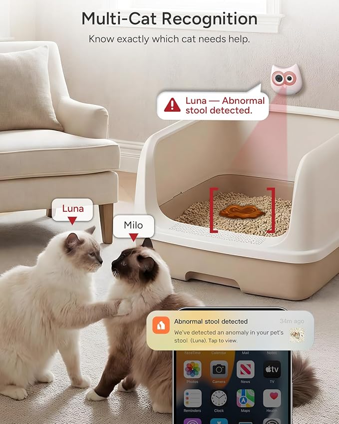 Litter Box Camera – AI Cat Health Monitoring, Records Toileting Behavior, UTI/Diarrhea Abnormal Alerts, Fits Automatic & Standard Litter Boxes, Multi-Cat Support, Night Mode Cat Cam (Pink)